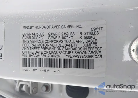 2018 Honda Accord Sport z USA, uszkodzony, nr VIN 1HGCV1F39JA000226